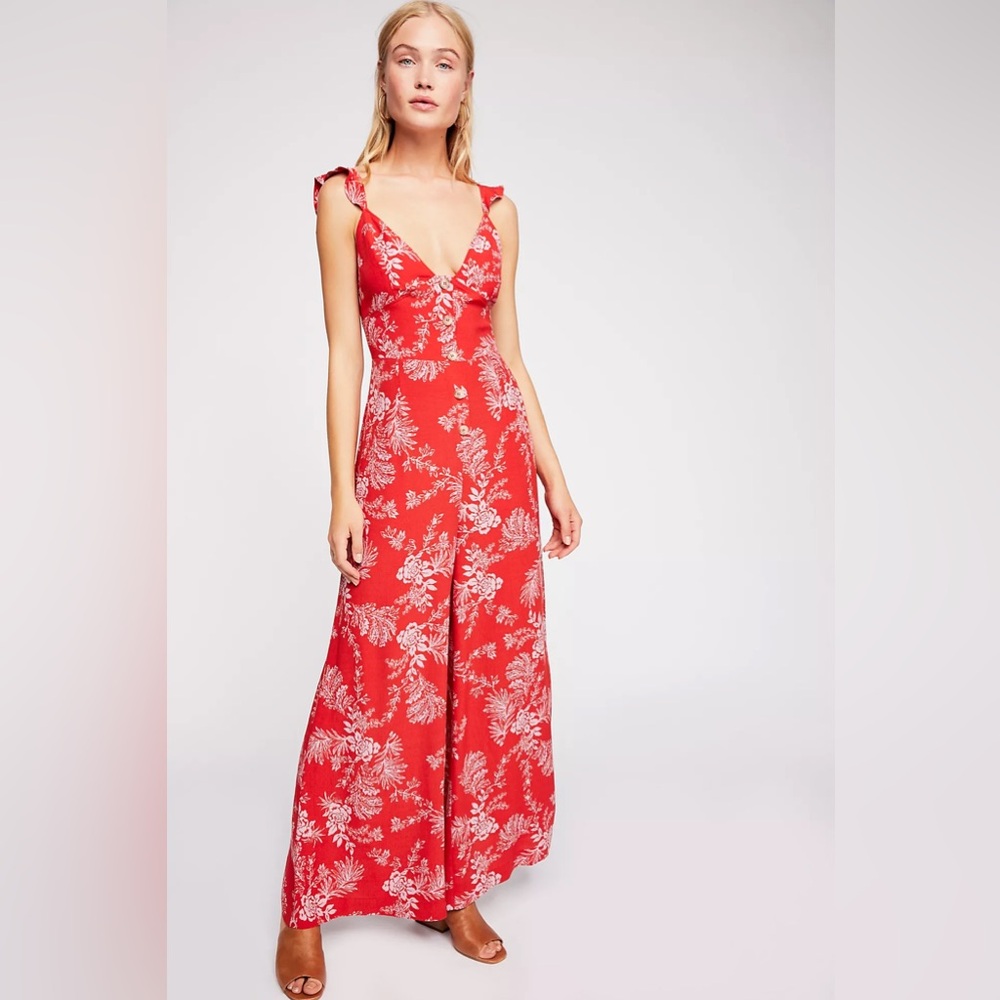 Free People Red Floral Wide Leg Be The One Tropical Pant Boho Tropic Jumpsuit